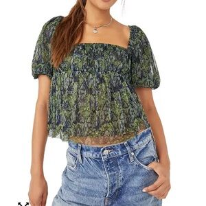 free people Elegant Green Puff Sleeve Top